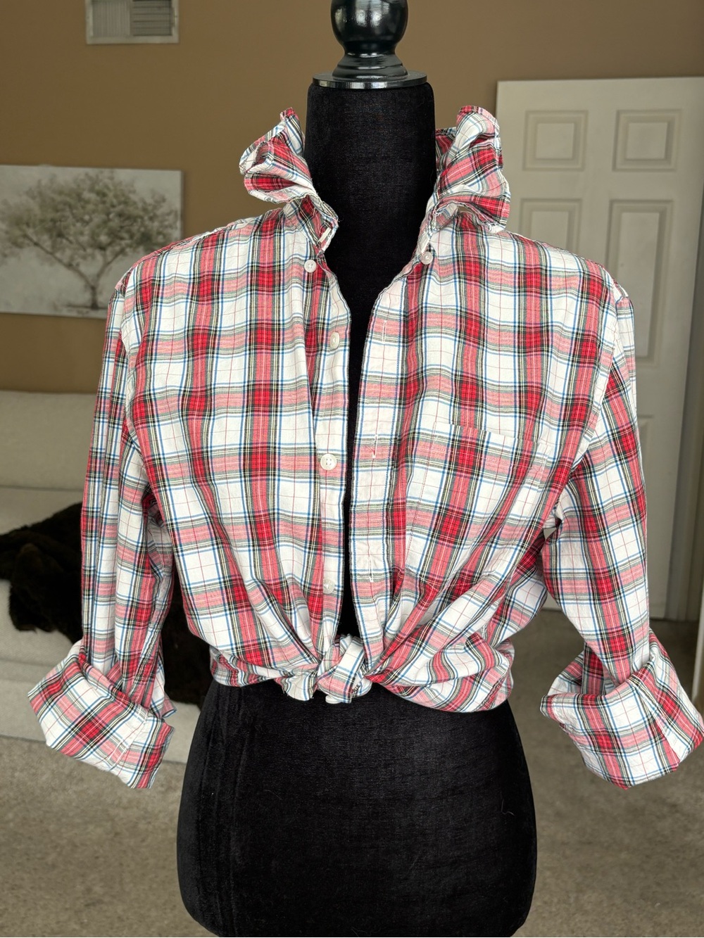 Reworked J.CREW Christmas plaid button down ruffle color size medium